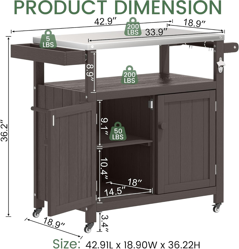 Weatherproof HIPS Outdoor Kitchen Island with Stainless Steel Top & Stora...