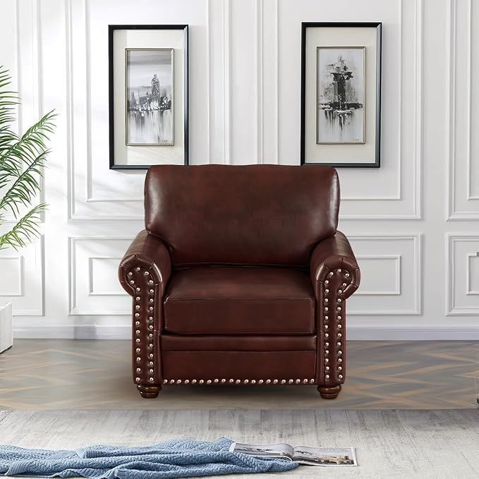 Faux Leather Accent Chair,35" W Upholstered Mid Century Modern Armchair with Rivet Rolled Arm,Deep Seat Comfy Single Sofa Chair for Living Room,Bedroom,Apartment,Office(Burgundy)