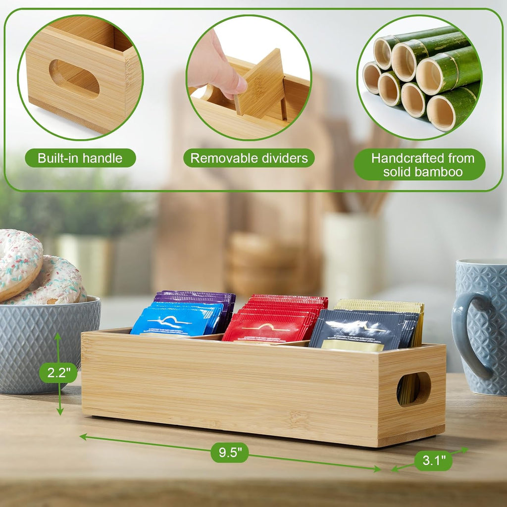 Tea Bag Organizer, Bamboo Tea Bag Holder, Tea Storage Containers 3 Slots | Tea bag holder