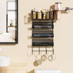 VITVITI Metal Hair Tool Organizer Wall Mount, Hair Dryer Holder with 4 Tier Shelf Basket Hooks, Bathroom Styling Tool Organizer for Curling Iron/Blow Dryer/Straightener, Matte Black