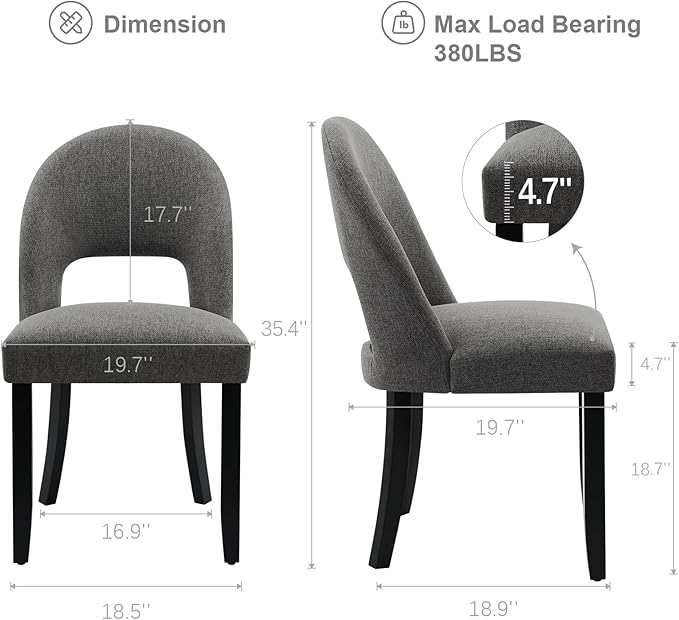 Upholstered Dining Chairs Set of 6, Mid Century Modern Dining Kitchen Chairs with Solid Wood Legs & Fabric Backret for Kitchen and Dining Rome, Grey