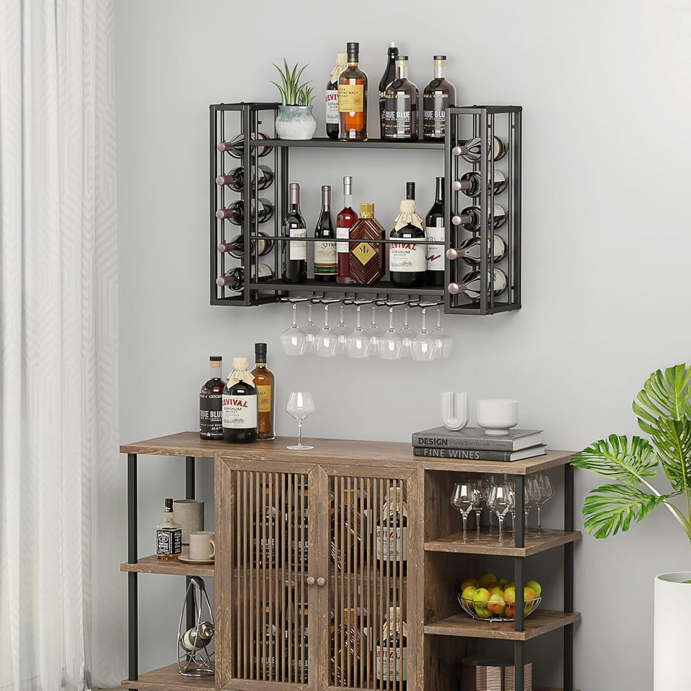 Wall Mounted Wine Rack with Glass Holder | Hanging Liquor & Wine Glass Ra...