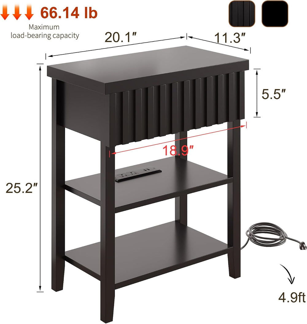 3imothrix Narrow End Table with Charging Station, Fluted Side Table with Draw...
