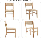 Mid Century Modern Rattan Dining Chairs Set of 2, Natural Beechwood Kitchen Chairs Farmhouse Woven Dining Room Chairs, Armless Boho Cane Wicker Chair Wooden Dining Chairs with Weave Hemp Seat and Back
