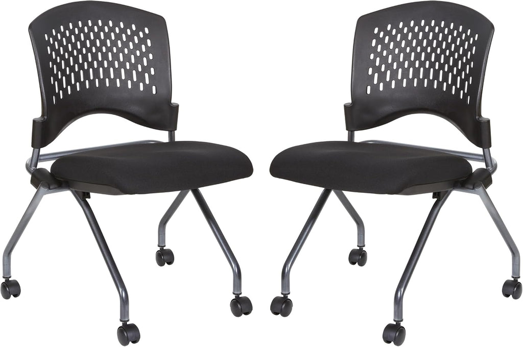 Office Star Deluxe Ventilated Plastic Wrap Around Back Folding Nesting Chair 2 Pack, Coal FreeFlex Fabric