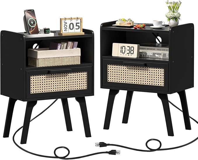 Lerliuo Rattan Nightstands Set of 2 with Charging Station, Black Bedside Tabl...