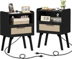 Lerliuo Rattan Nightstands Set of 2 with Charging Station, Black Bedside Table with Drawer Open Shelf, Cane Accent Side End Table with Solid Wood Legs, Night Stand for Bedroom, Dorm and Small Spaces