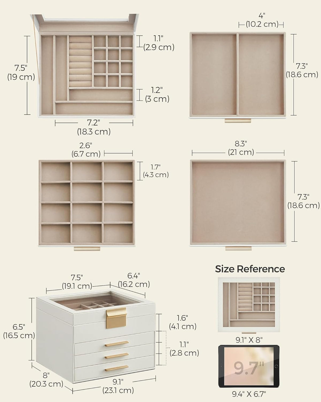 SONGMICS Jewelry Box Organizer with Glass Lid, 4-Layer Jewelry Storage, with 3 Drawers, Modern Style, Christmas Gift, 8 x 9.1 x 6.5 Inches, Cloud White and Gold Color UJBC173W01