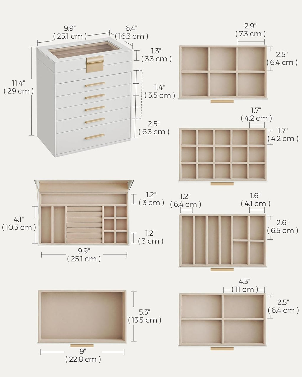 SONGMICS Jewelry Box Organizer with Glass Lid, 6-Layer Jewelry Storage, with 5 Drawers, Modern Style, Christmas Gift, 6.4 x 9.9 x 11.4 Inches, Cloud White and Gold Color UJBC171W01