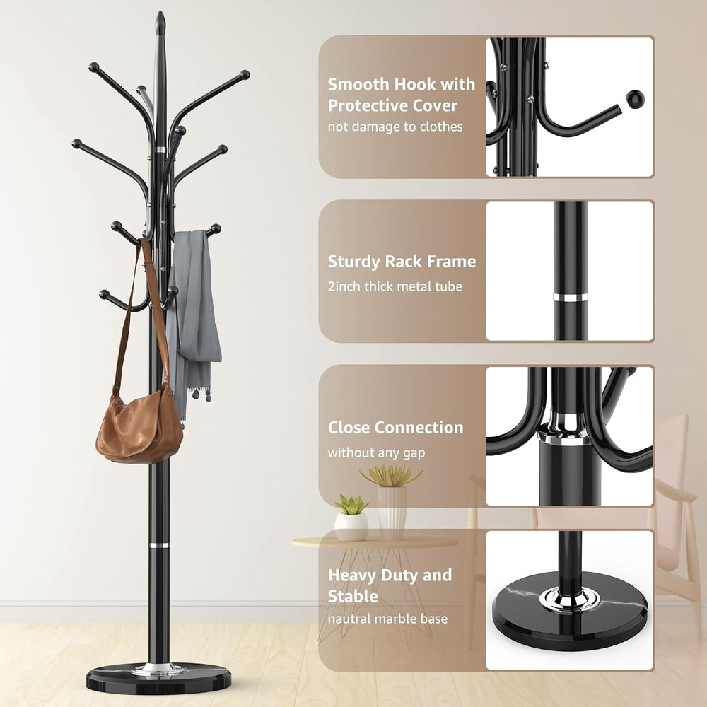 Heavy Duty Coat Rack with Marble Base, 12 Hooks, Adjustable Heights