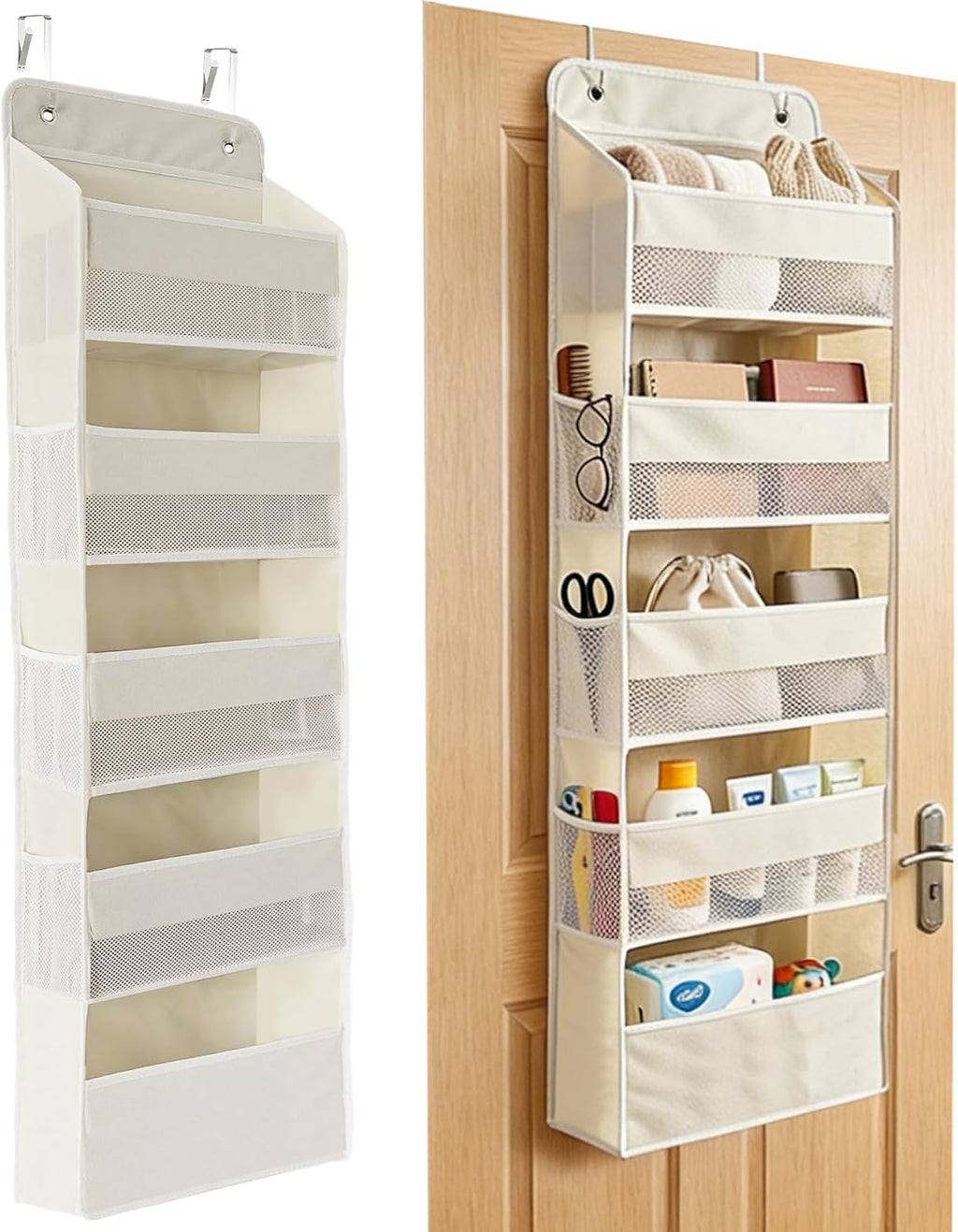 Over the Door Organizer, Door Storage Organizer with Large Capacity Pockets, Hanging Shelves for Bedroom, Closet, Dorm, Pantry (Beige, 5-Tier)