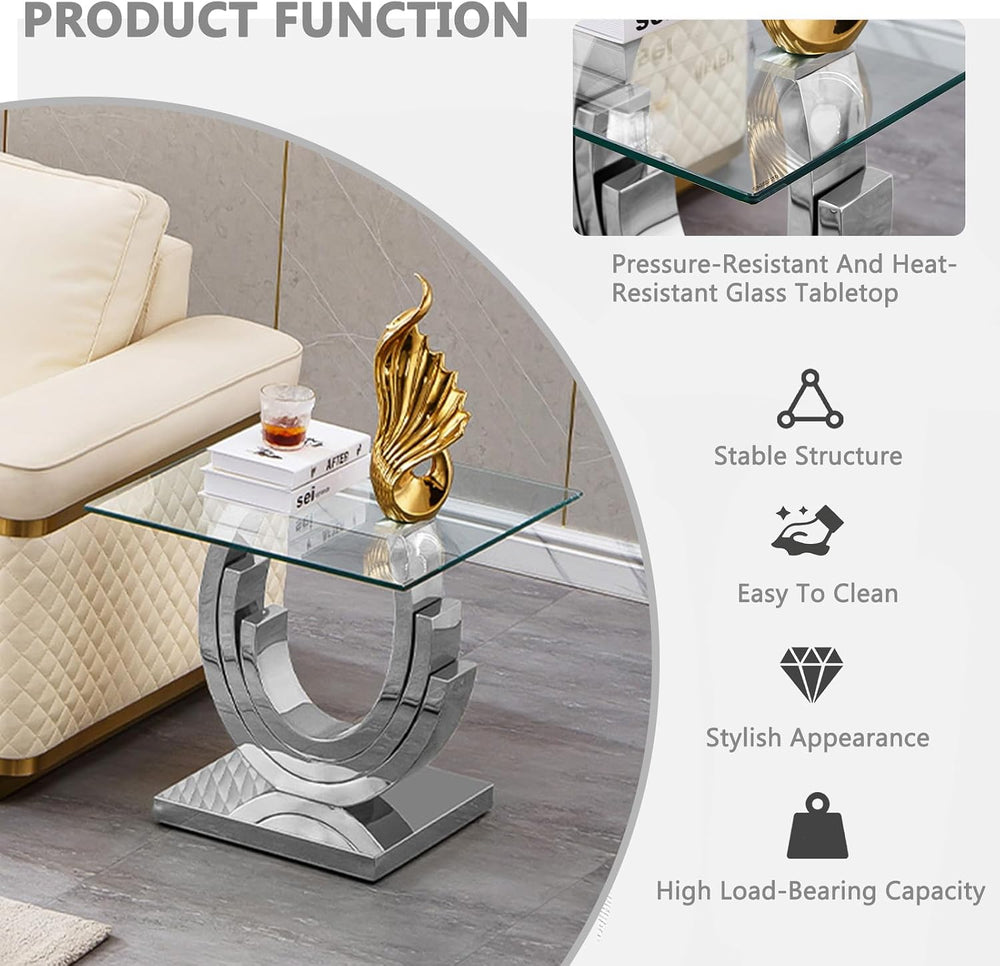 HomVent 22.83" Glass End Table, Living Room Tables, Modern Silver Temper...