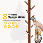 AMADA Solid Wooden Coat Rack Freestanding with 8 Hooks, Walnut | 100% solid wood, 3 height options, widened base for stability, tool-free assembly, smooth rods & hooks prevent clothing snags