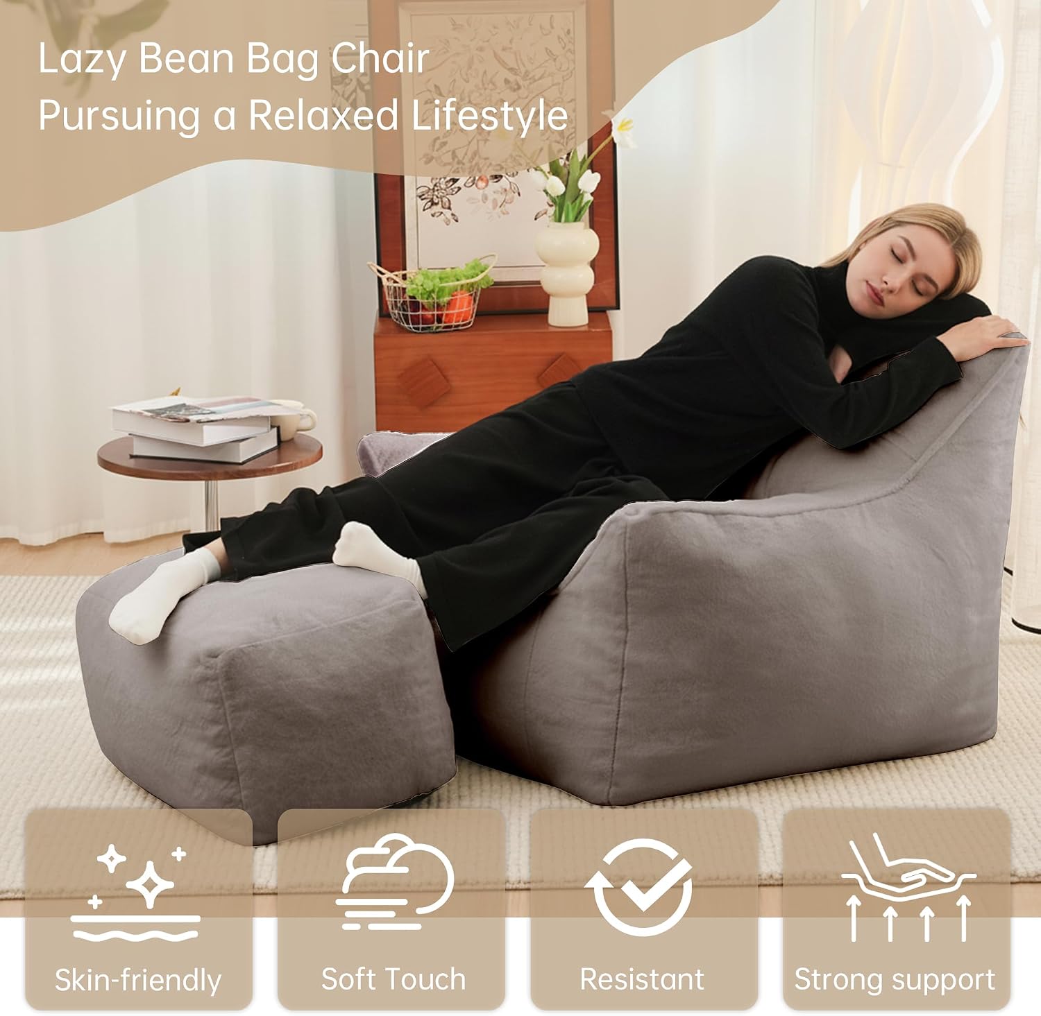 Cvortll Bean Bag Chair with Ottoman, Ultra Soft Fluffy Faux Fur Bean Bag Chairs with Foot Rest, Comfy BeanBag Sofa with Memory Foam, Armchair for Living Room, Bedroom & Game Rooms (Gray)