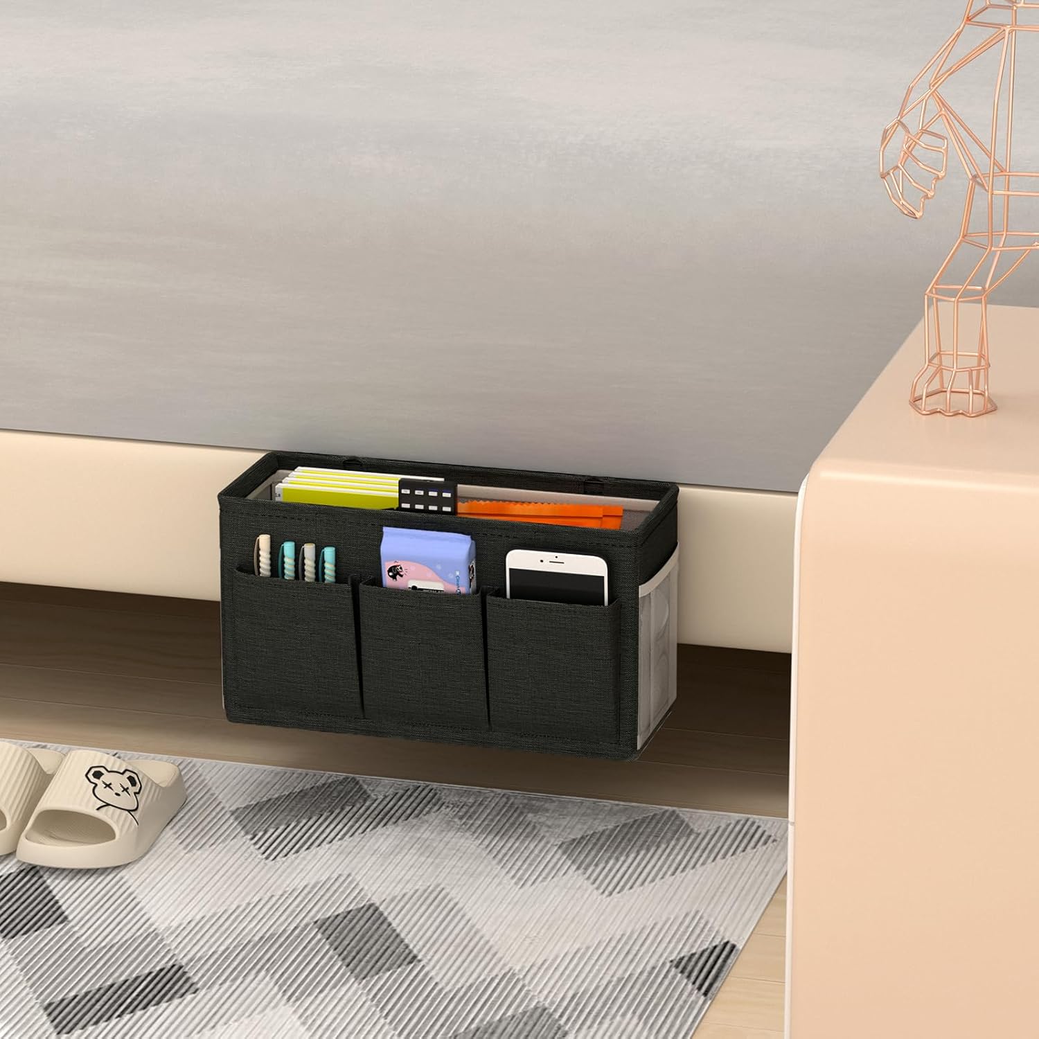 Dual-purpose Bedside Caddy Bedside Organizer, Bed Caddy with 6 Pockets, Versatile Bedside Storage Solution Magazine Remotes holder, ideal for Home, Dorm, Hospital, Crib Bed (Black)