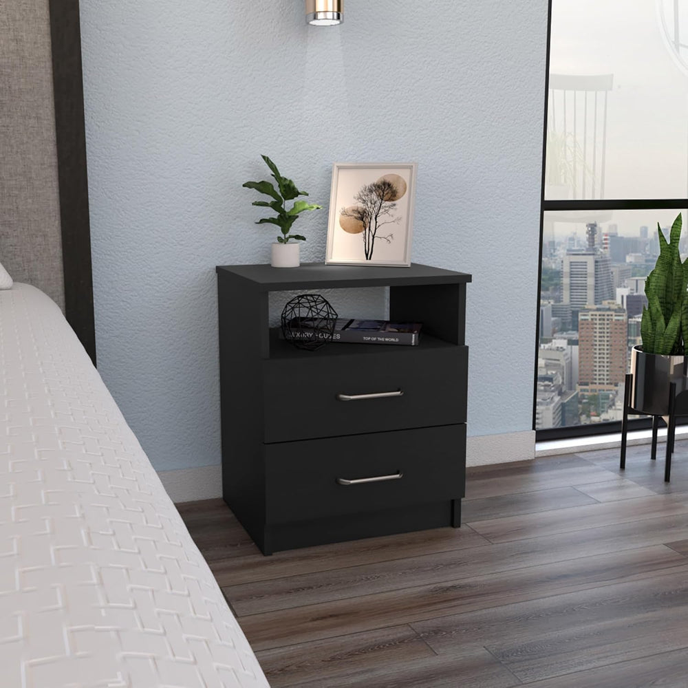 Nightstand, End Table, Side Table Superior Top, Two Drawers, One Shelf -Black...