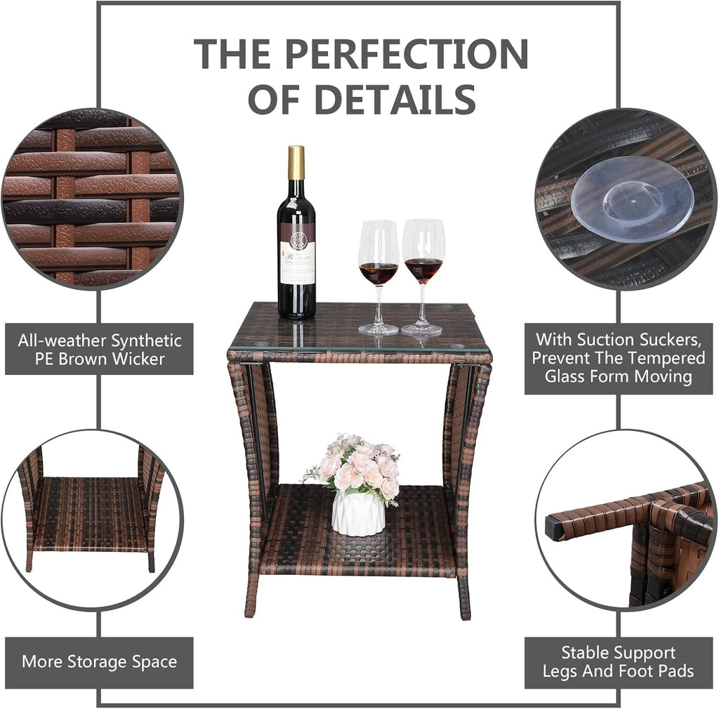 Bonnlo Small Garden Table, Rattan Patio Table with Glass Top & Shelf Under, Weatherproof for Indoor Outdoor, 46x46x50cm Brown