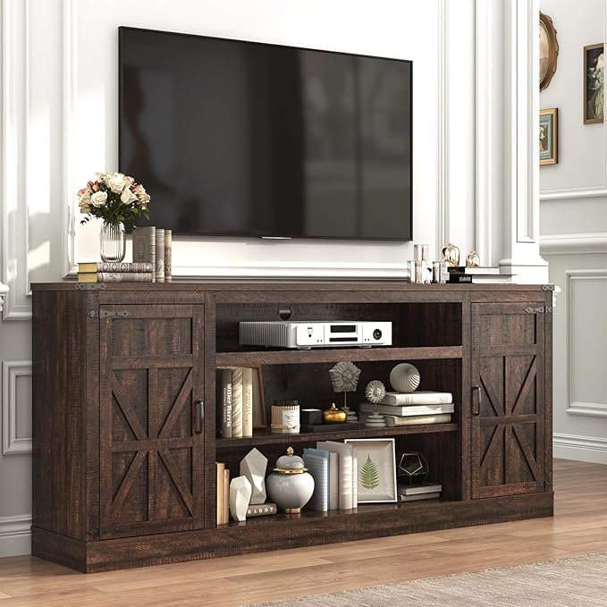 75" Farmhouse TV Stand with Power Outlets for 85 Inch TVs, 33" Tall Entertainment Center with Storage Cabinets w/Adjustable Shelves, Rustic Large TV Media Console, Brown