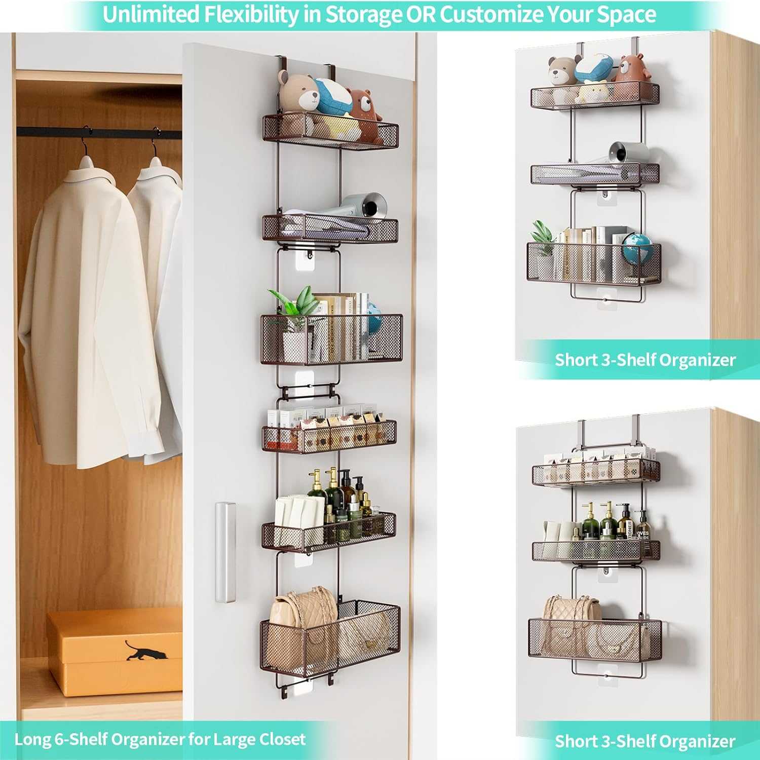 HapiRm Over Door Organizer Storage - Separable Door Organizer Hanging with 6 Metal Large Capacity Baskets for Bathroom Bedroom Kitchen Pantry Closet (Brown)