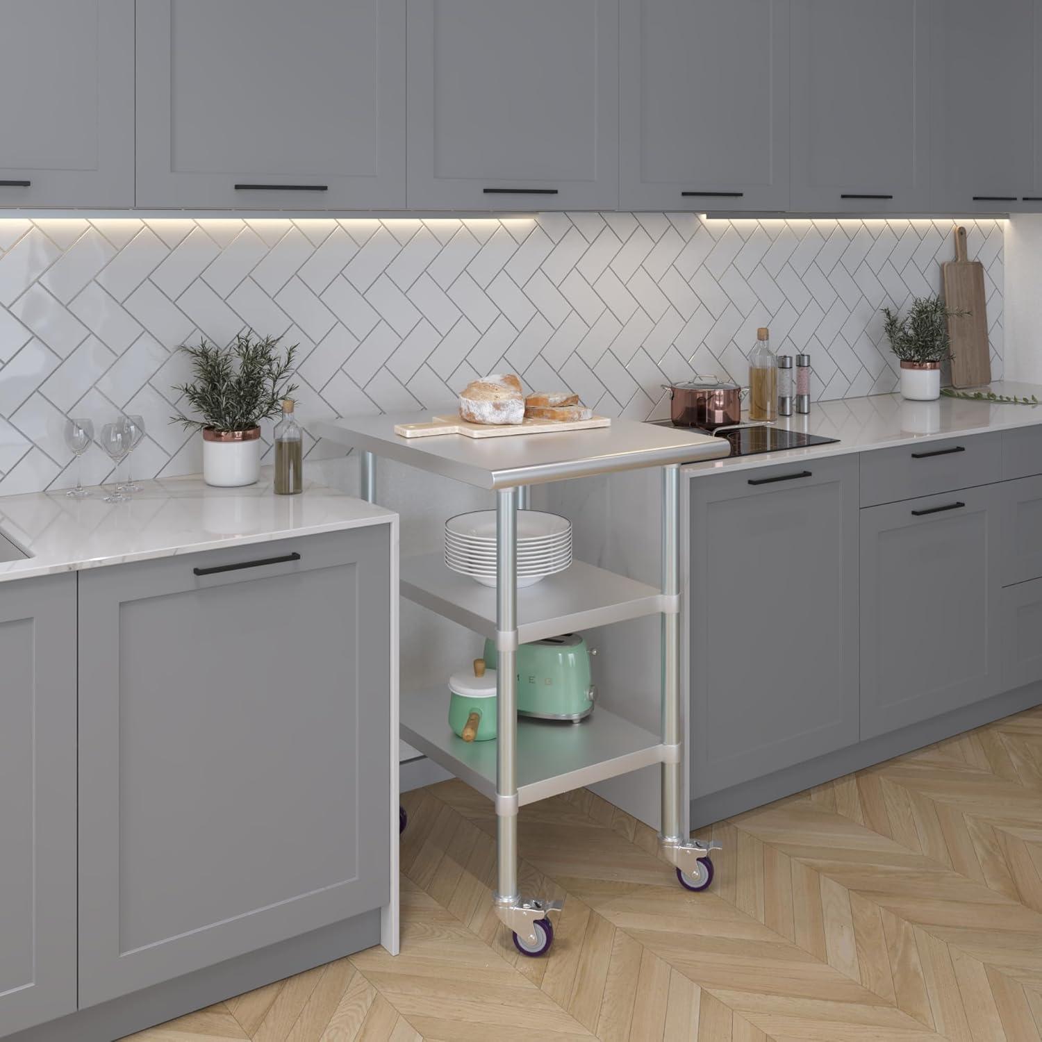 AmGood Stainless Steel Work Table with 2 Shelves and Casters (Stainless Steel Work Table with 2 Shelves + Casters, 24" Long x 30" Deep)