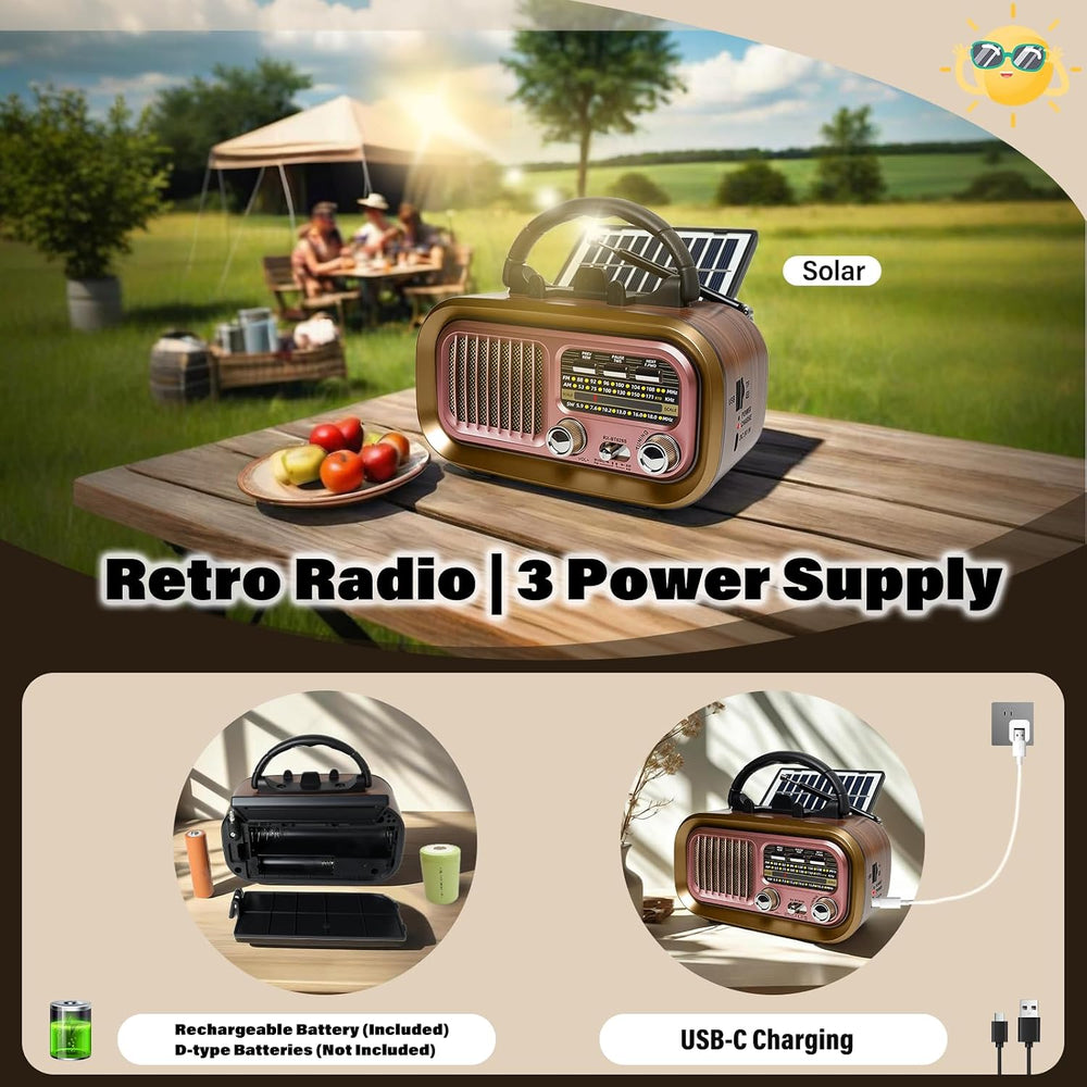 Portable AM FM SW Radio with Bluetooth, Retro Radio with Solar Panel