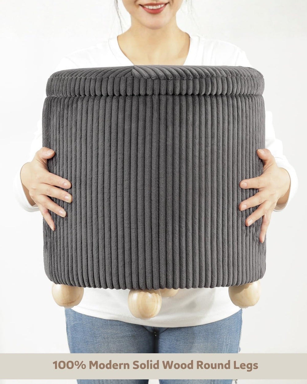 Adeco Velvet Storage Ottoman, Round Upholstered Vanity Stool for Makeup, 15.4...