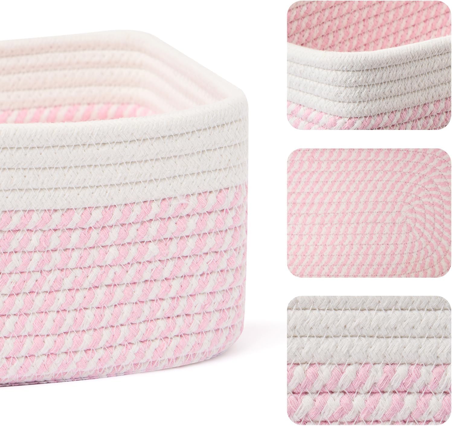 Small Storage Baskets for Organizing | Closet Organizer Bins | Shelf Toy Basket | Woven Rope Baskets | Cube Decorative Box | Shallow Basket | 11.5x7.5x4.7” | 4 Packs White Pink