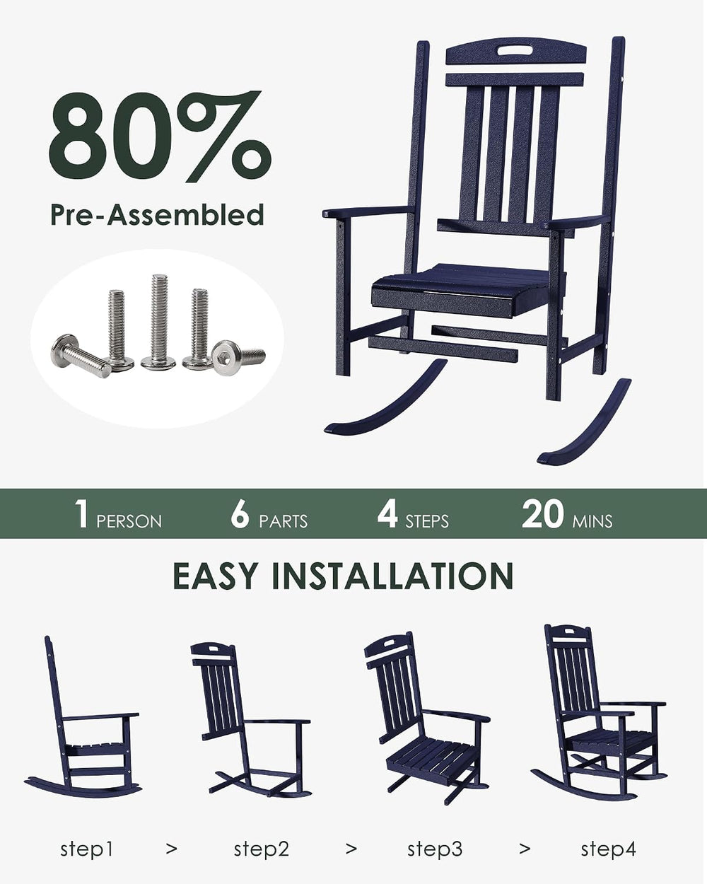 Outdoor Rocking Chair Set of 4, All-Weather Resistant Poly Lumber Rocker Chai...