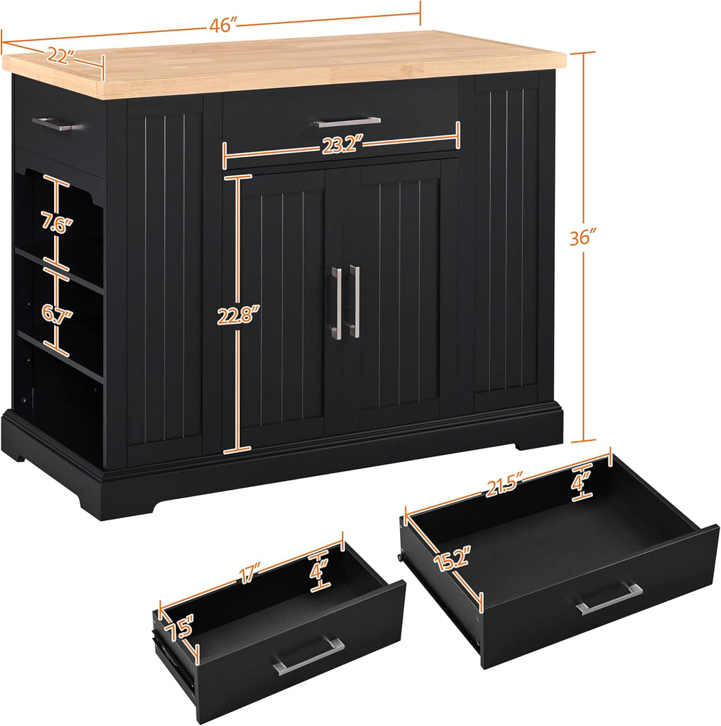 Yaheetech Kitchen Island on Hidden Wheels, Rolling Kitchen Cart with Thicker Rubberwood Top & 3 Drawers & Open Shelves, Storage Cabinet with Adjustable Shelves for Dining Room, 46″L × 22″W, Black | Mobile Kitchen Island with Storage on Wheels with