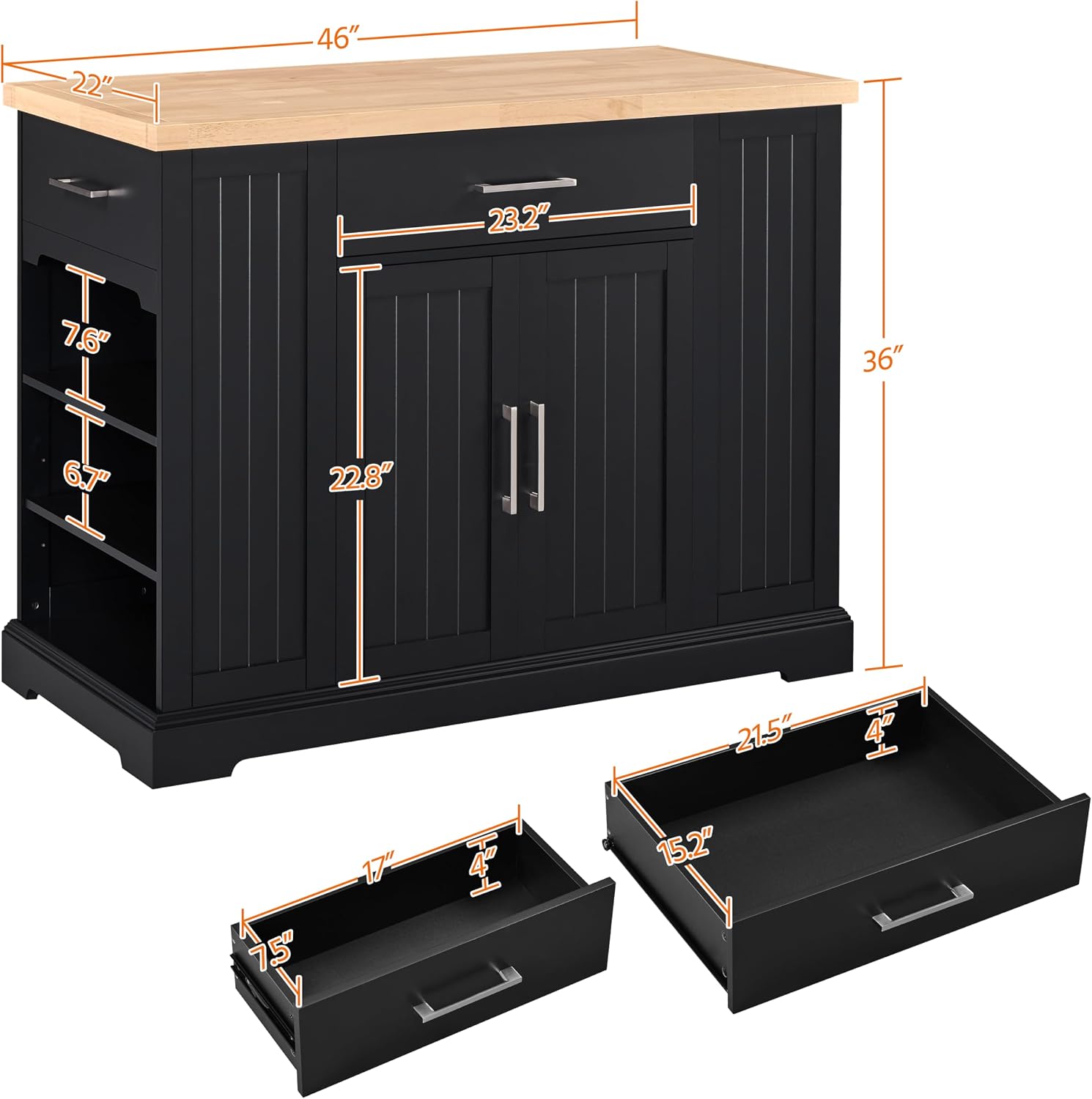 Yaheetech Kitchen Island on Hidden Wheels, Rolling Kitchen Cart with Thicker Rubberwood Top & 3 Drawers & Open Shelves, Storage Cabinet with Adjustable Shelves for Dining Room, 46″L × 22″W, Black | Mobile Kitchen Island with Storage on Wheels with
