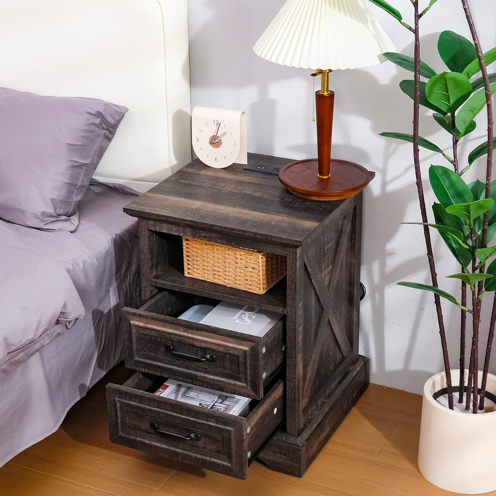 ALBAD Farmhouse Nightstand with Charging Station Rustic Bedside Table with 2 ...
