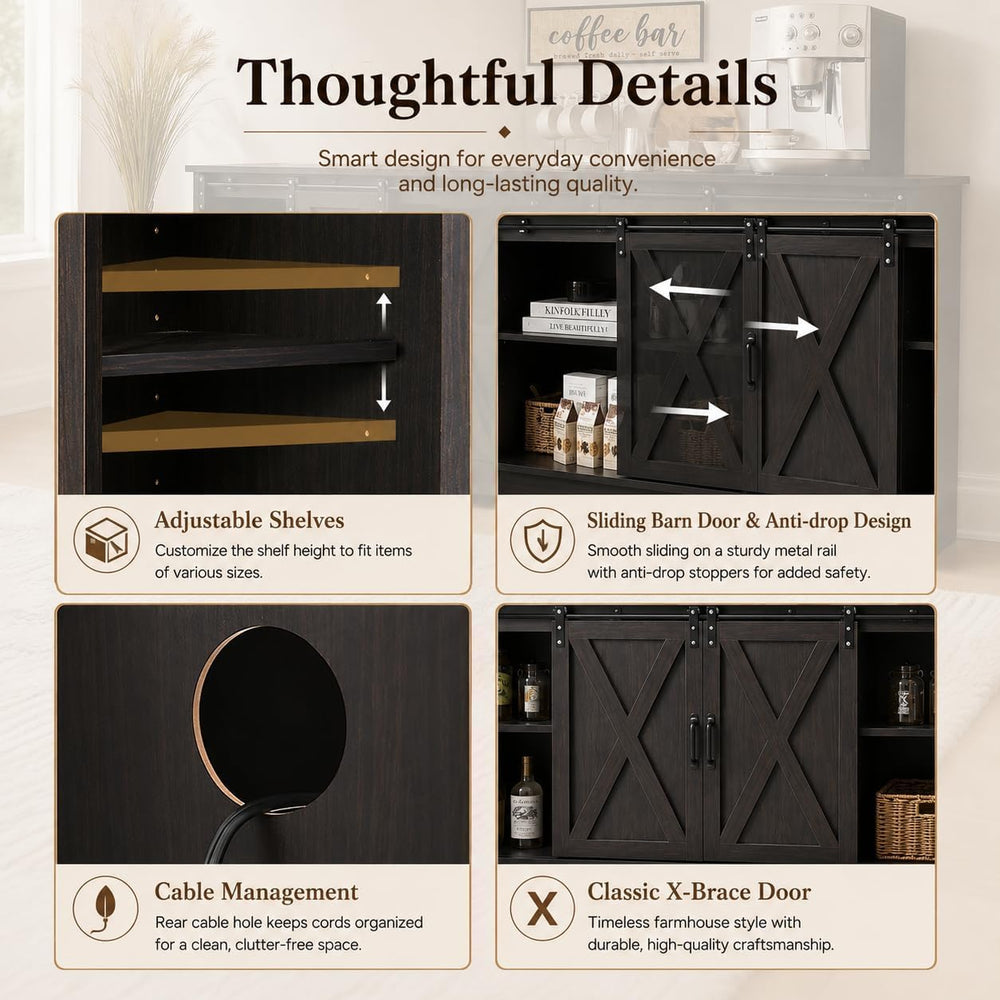 Farmhouse Coffee Bar Cabinet with Sliding Doors & Adjustable Shelves