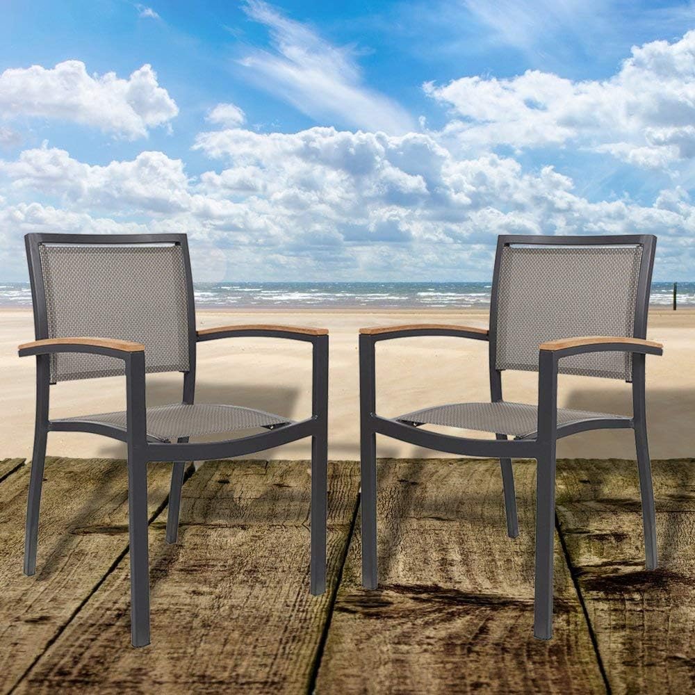 4 Pack Stackable Indoor/Outdoor Patio Dining Chairs with Teak Armrest,Textile...