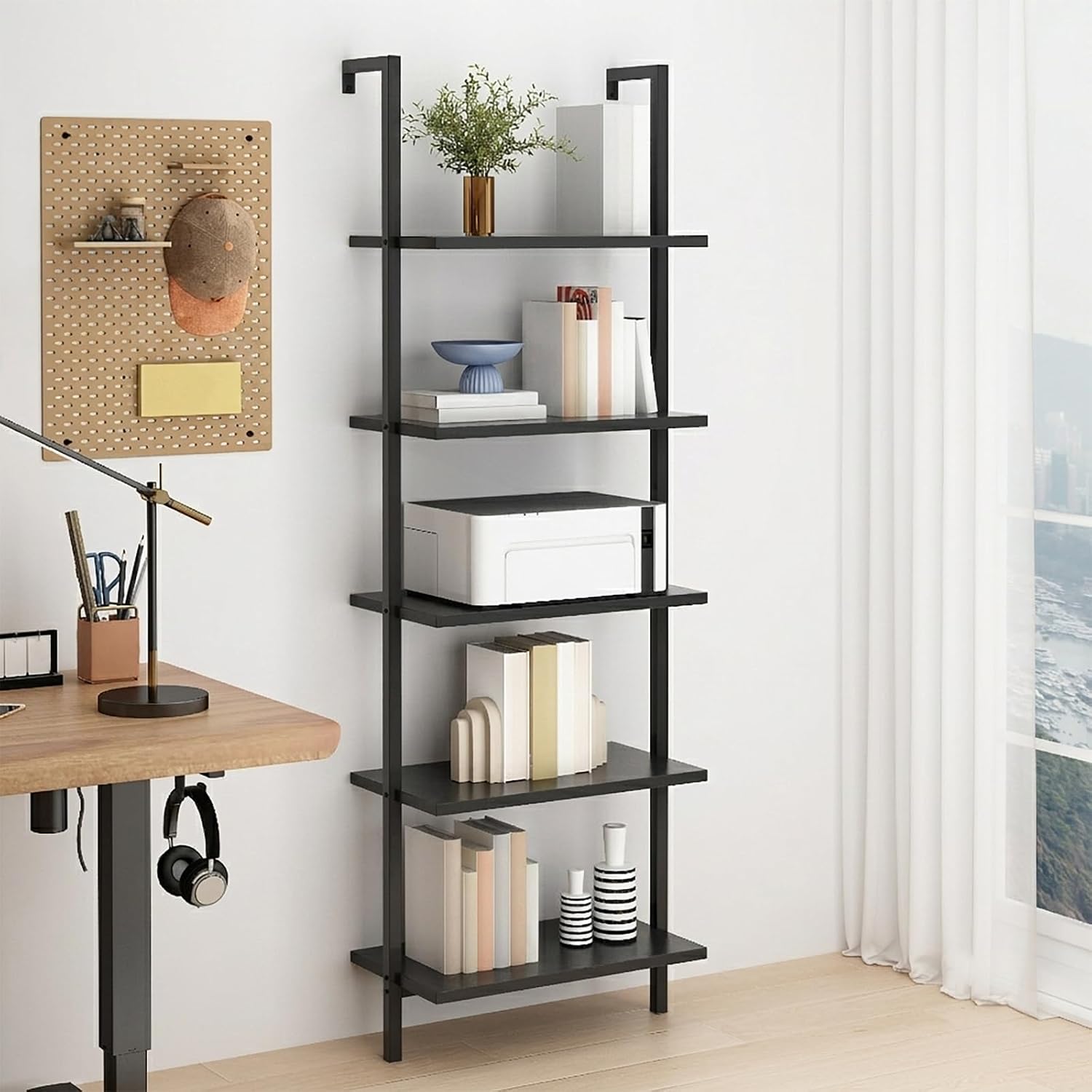 5-Tier wall Mounted Bookshelf, Ladder Shelves, Metal Frame & Wood Board, Decorative Shelving, Narrow Ladder Bookcase, Open Storage, Mordern Leaning Bookshelf for Bedroom, Living Room, Office, Black