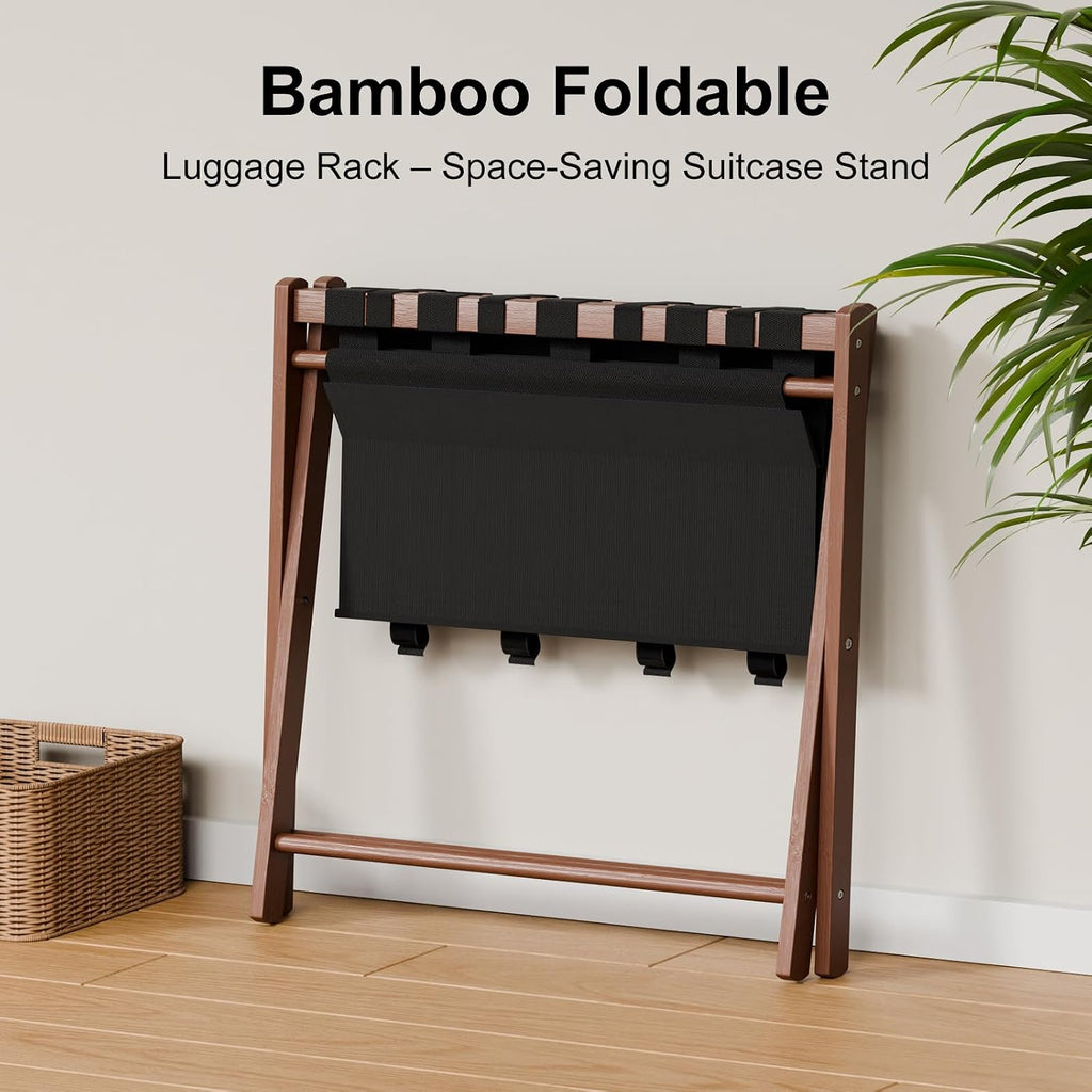 Bamboo Luggage Rack with 4 Storage Compartments, 150 lb Capacity | 600D Water-Resistant Oxford Fabric,Foldable,Space-Saving Design,Stable X-Frame Structure,Natural Bamboo, Strong and Durable