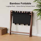 Bamboo Luggage Rack with 4 Storage Compartments, 150 lb Capacity | 600D Water-Resistant Oxford Fabric,Foldable,Space-Saving Design,Stable X-Frame Structure,Natural Bamboo, Strong and Durable