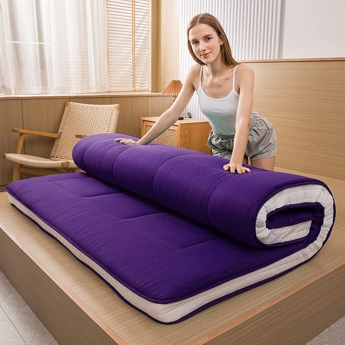 MAXYOYO Futon Mattress, Padded Japanese Floor Mattress Quilted Bed Mattress Topper, Extra Thick Folding Sleeping Pad Breathable Floor Lounger Guest Bed for Camping Couch, Deep Purple, Queen Size