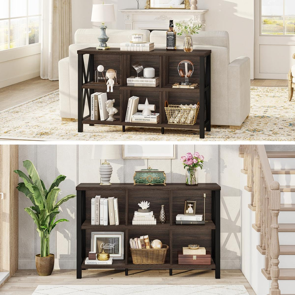 6 Cube Storage Organizer with Shelf, Short Horizontal Bookshelf for Living Room, Wood and Metal Cubby Bookcase, 47 Inch Industrial Low Book Shelf and Book Case (Dark Walnut)