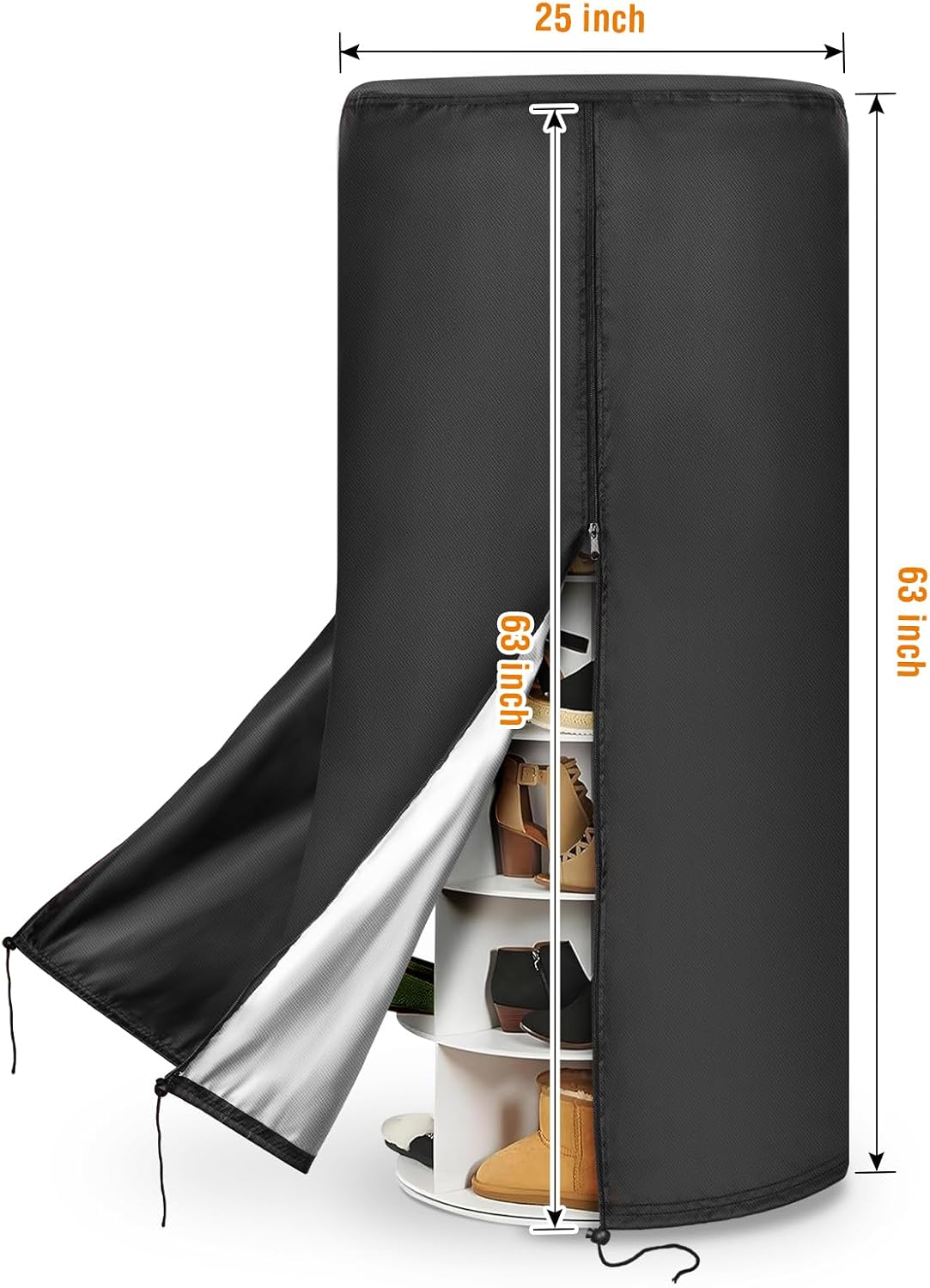 420D Black Rotating Shoe Rack Tower Cover,25" Diax63 H,Cover Only | Spinning Storage Tower Cover – Waterproof, Windproof, Adjustable Drawstring & Zippers,Pet-resistant