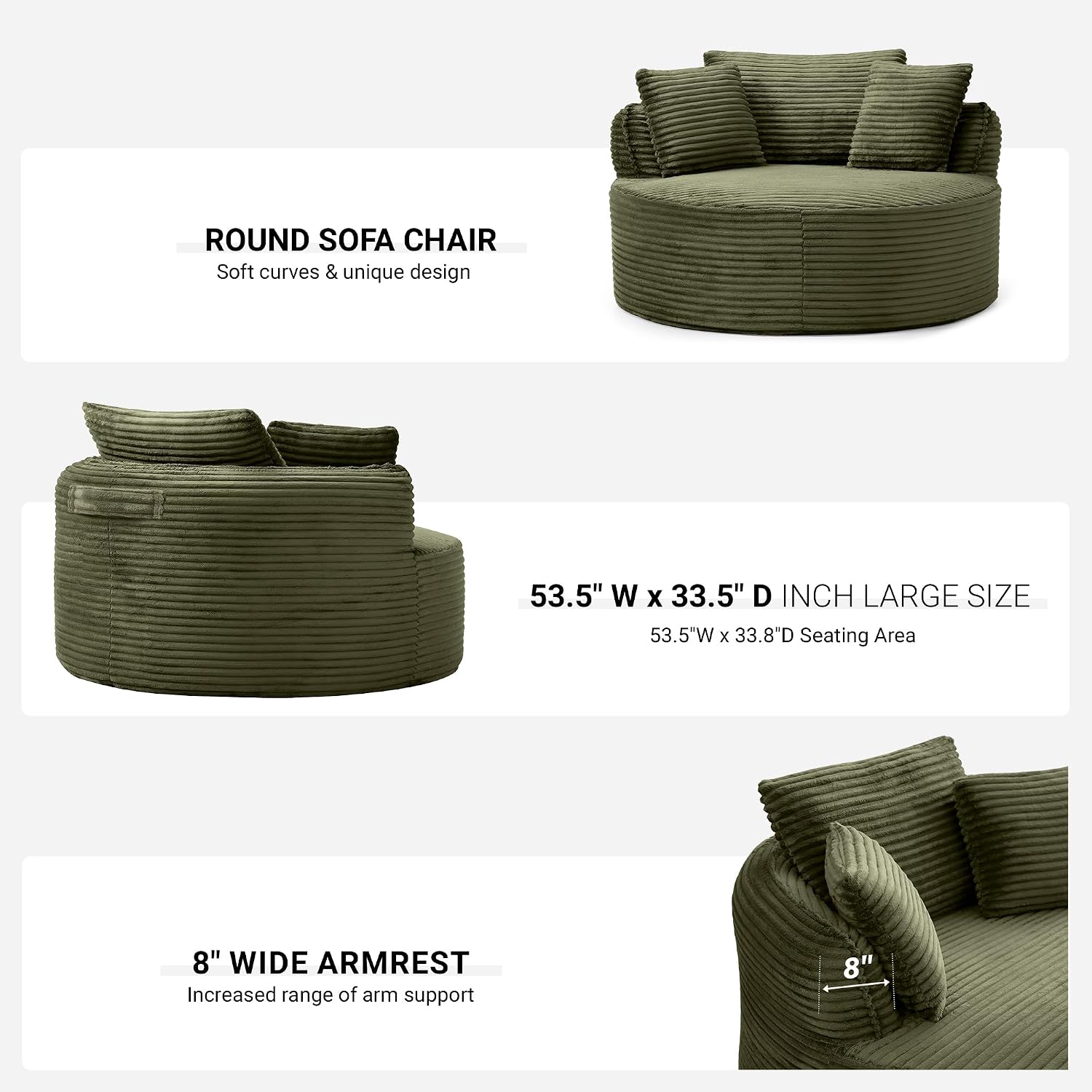 ivoros Oversized Round Lounge Chair Indoor, Corduroy Upholstered Deep Seat Cloud Circle Sofa Chair, Fluffy Boneless Sleeper Chair for Reading & Lounging, No Assembly Required (Green)