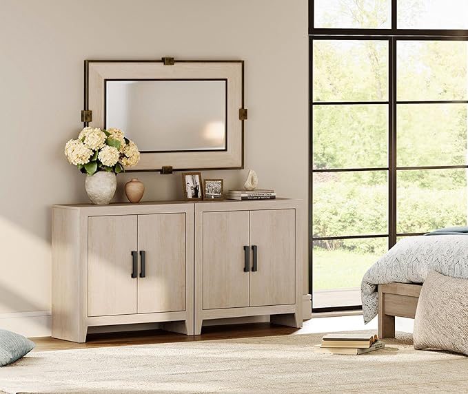 WAMPAT Farmhouse TV Stand for TVs up to 65 Inch, Rustic Wood Entertainment Center & Media Console with 4 Storage Doors, Accent Cabinet for Living Room, Hallway, Beige