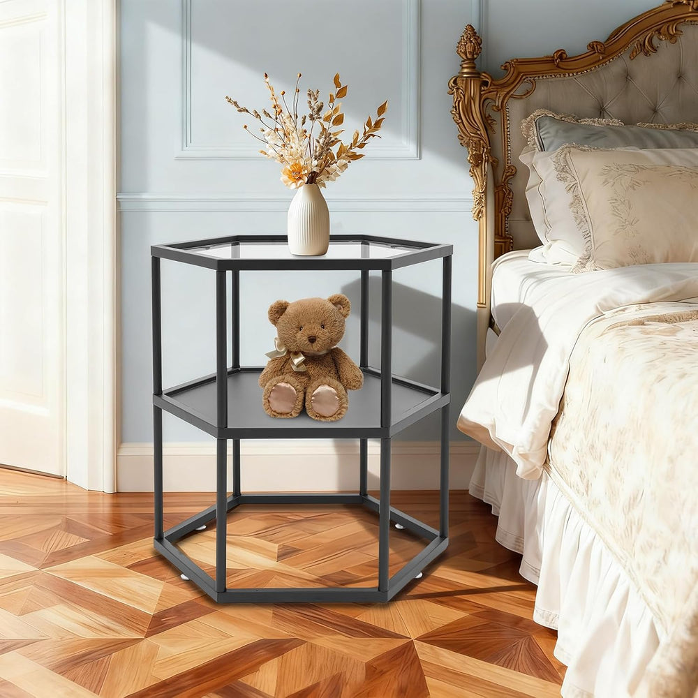 Side Table, Modern Coffee Tables with 2-Tier Storage with Metal Frame, Hexago...