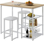 VECELO Small Bar Table and Chairs Set for 2, Upholstered Stools & Glass Storage Shelves, for Kitchen Dining Breakfast Nook, Space-Saving, Natural & White