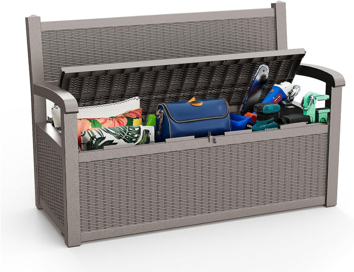 EasyUp 100 Gallon Outdoor Storage Bench Lockable Deck Box Outdoor Storage Box Waterproof for Patio,Garden,and Porch – Perfect for Storing Garden Tools and Cushions(Grey)