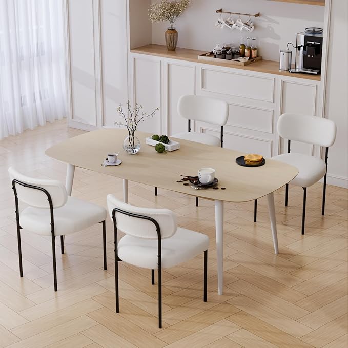 HOMMPA Dining Chairs Set of 4 Boucle Upholstered Kitchen Chairs with Curved Backrest Modern Dinner Chair with Metal Legs for Dining Room Living Room Vanity White