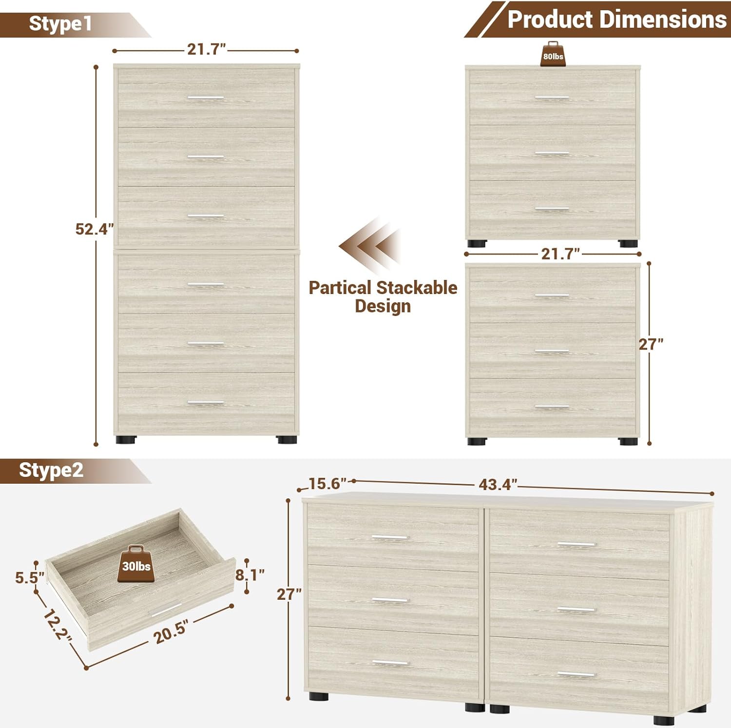 Aheaplus Closet Drawers Set of 2, Wood Closet Organizers and Storage with 3 Drawers, Closet Drawers Organizer System, Nightstands Bedside End Table with 3 Drawers Storage for Bedroom, White Oak