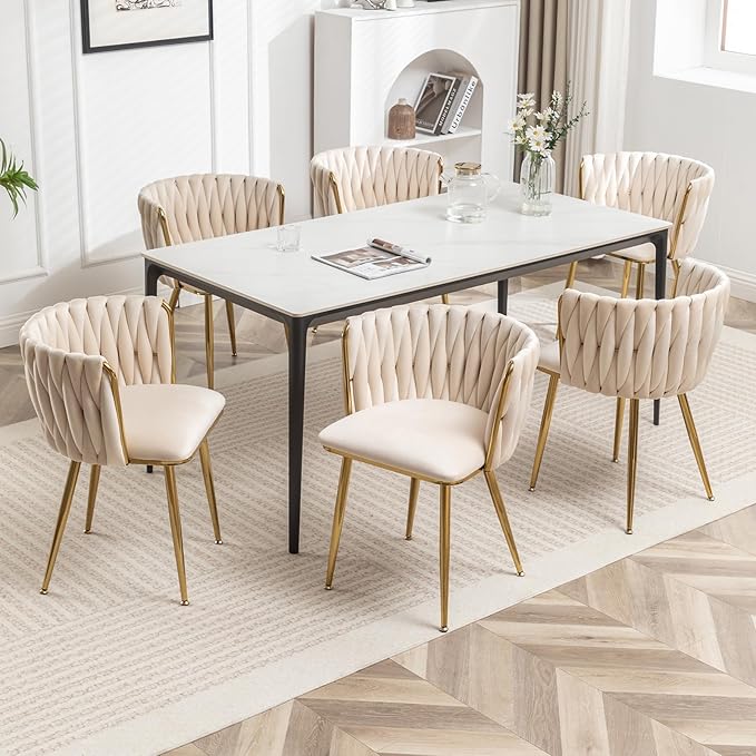 Velvet Dining Chairs Set of 6, Modern Upholstered Woven Dining Chairs with Gold Metal Legs, Modern Accent Chairs for Dining Room, Vanity, Kitchen, Living Room(Beige)
