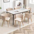 Velvet Dining Chairs Set of 6, Modern Upholstered Woven Dining Chairs with Gold Metal Legs, Modern Accent Chairs for Dining Room, Vanity, Kitchen, Living Room(Beige)
