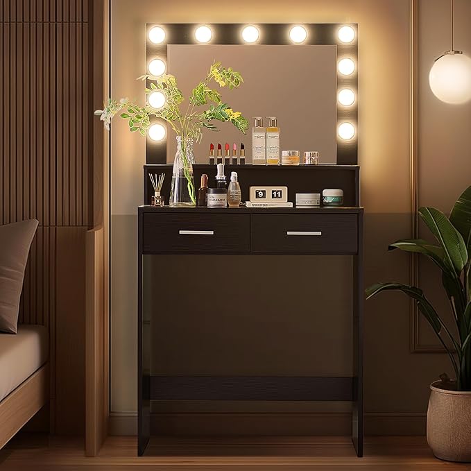 Vanity Desk with Mirror and Lights, Dressing Table with Large Drawer, 2 Level Storage Dresser & 3 Lighting Modes Adjustable Brightness, Suitable for Bedroom