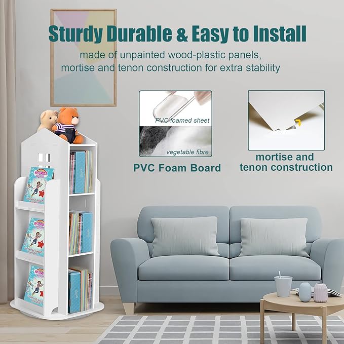 Rotating Bookshelf, 3-Tier Rotating Children's Bookshelf, 360° Revolving Display Floor Standing Bookshelves, Book Shelf Organizer for Kids Room White,16.14" x 16.14" x 37.4"